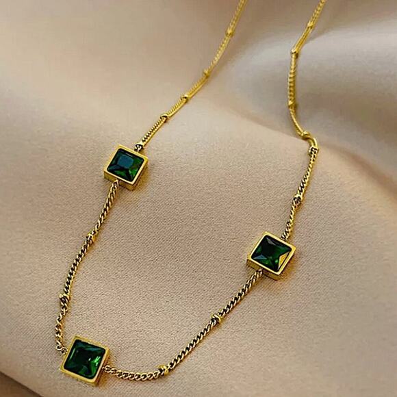 Gold Zircon Emerald Bracelet Chain Link - Picture 5 of 13